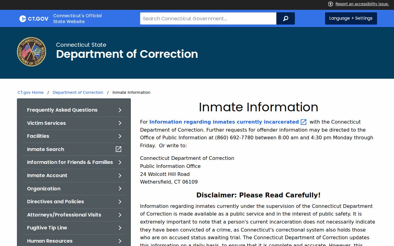 Fairfield resident lookup Connecticut DOC inmate information scope