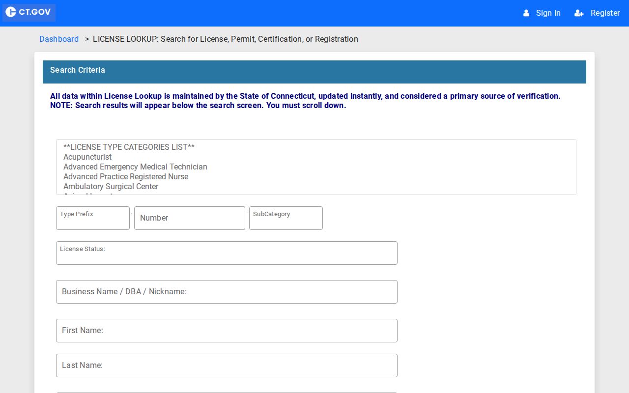 Fairfield resident lookup Connecticut eLicense credential search