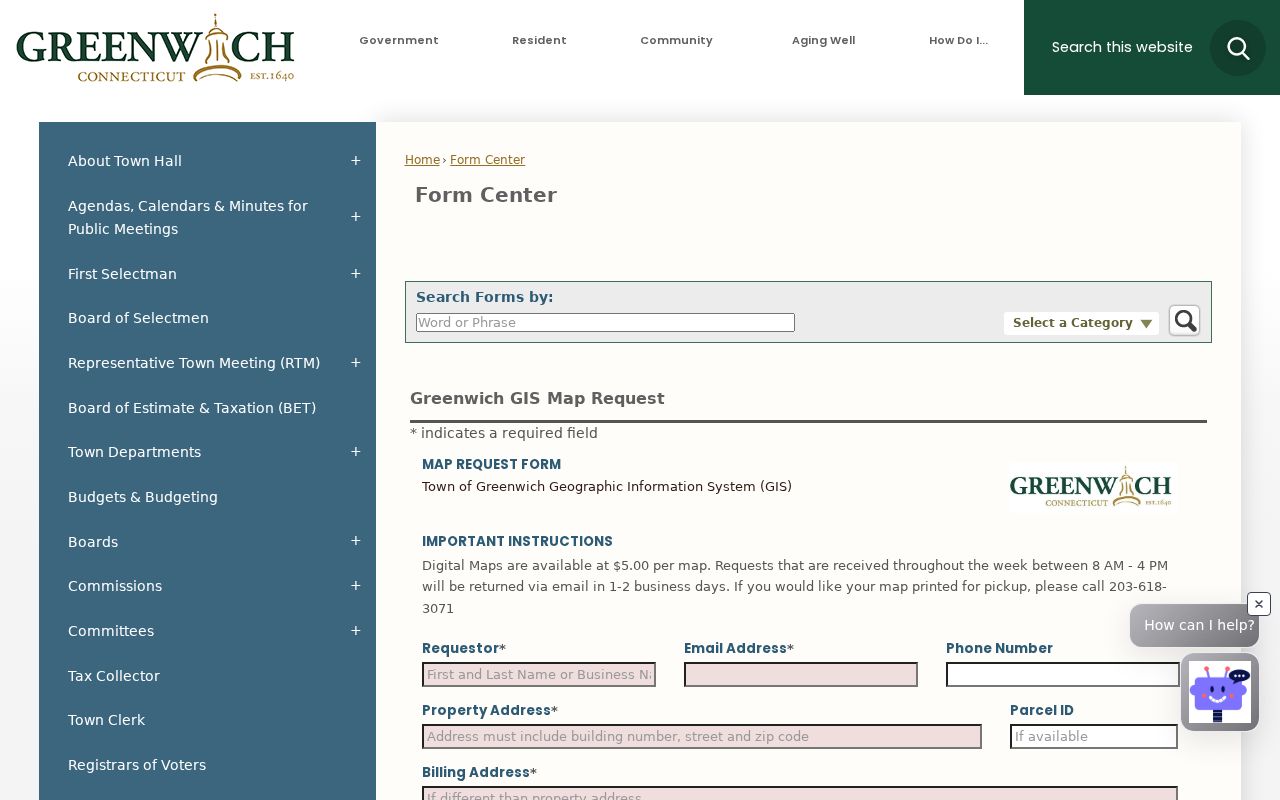 Fairfield street directory Greenwich GIS map request fields
