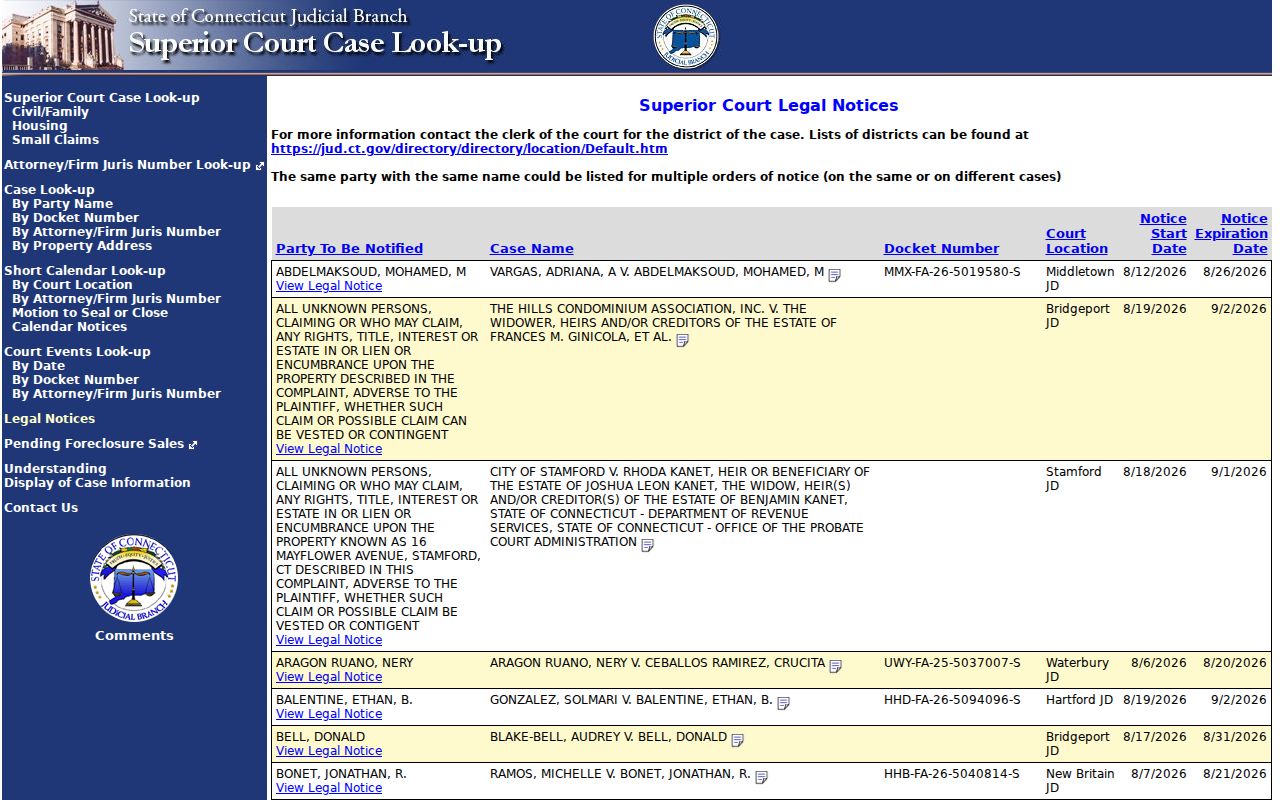 Fairfield resident lookup Connecticut legal notice result fields