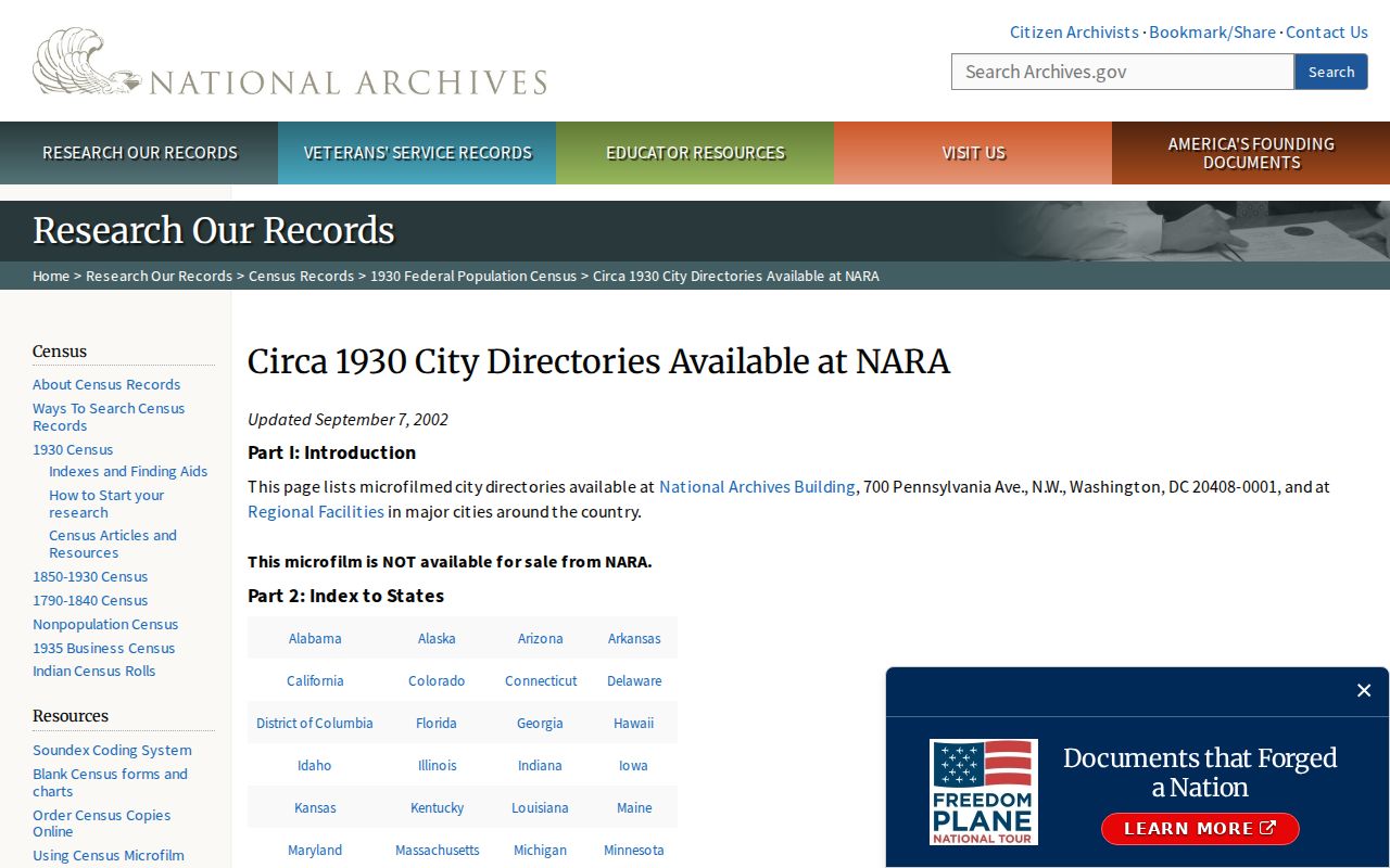 Fairfield previous residents National Archives directory research