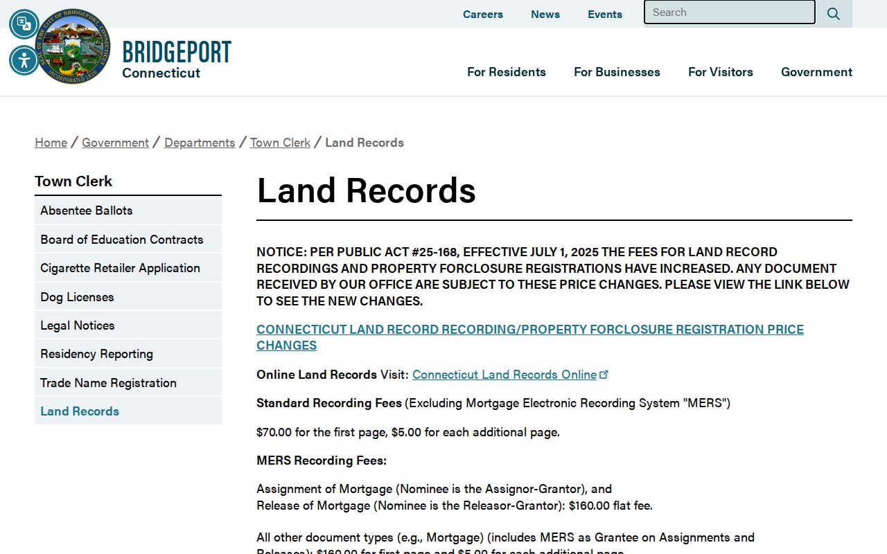 Fairfield previous residents Bridgeport Town Clerk land records